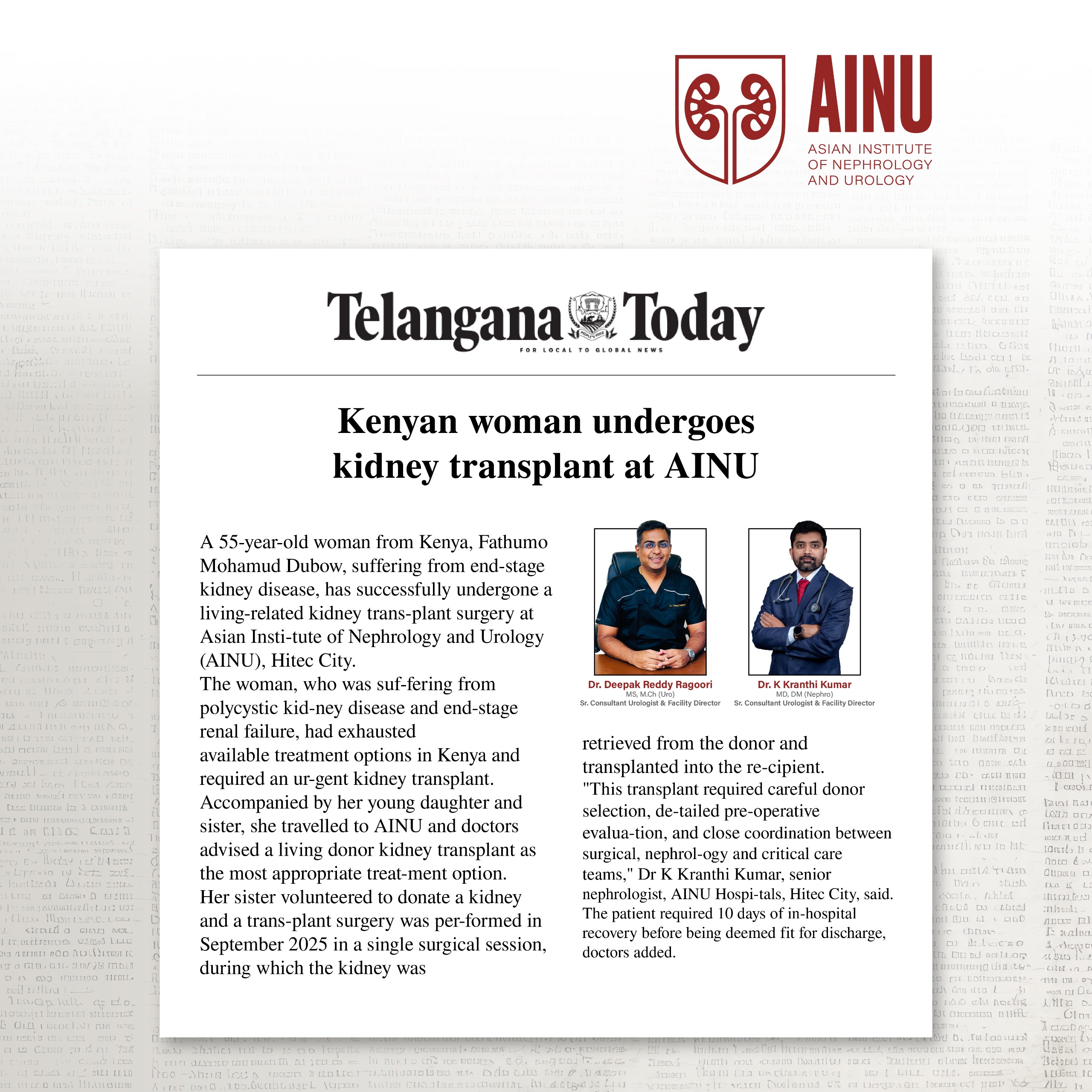 Kenyan Women Undergoes Kidney Transplant at AINU - Telangana Today