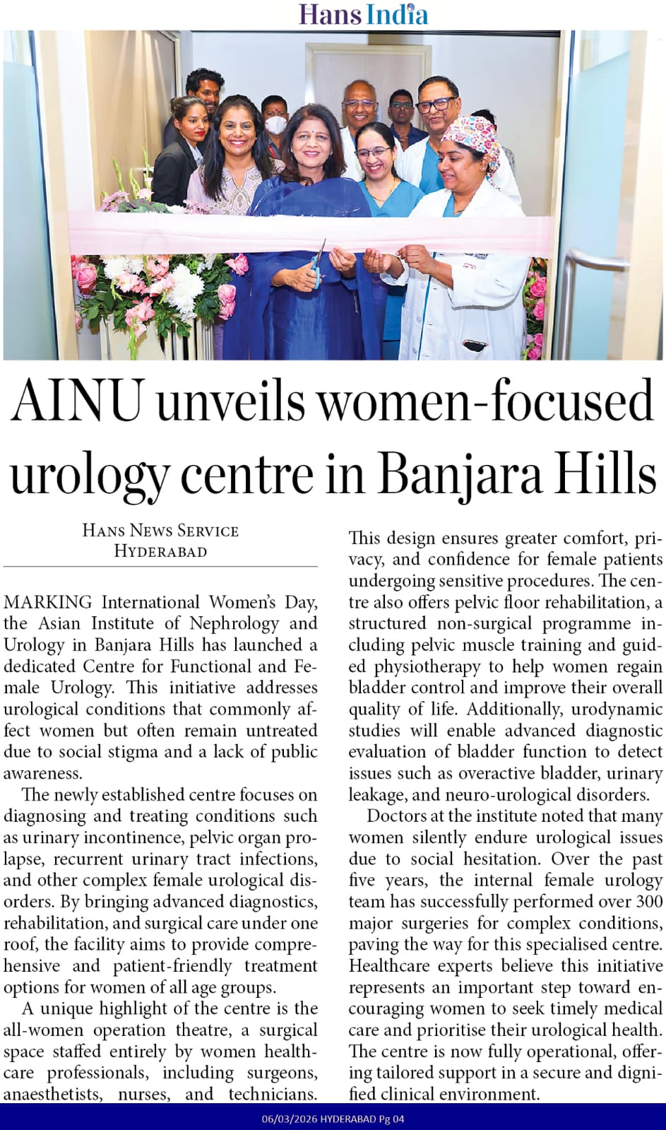 AINU unveils women focused urology centre in banjara hills